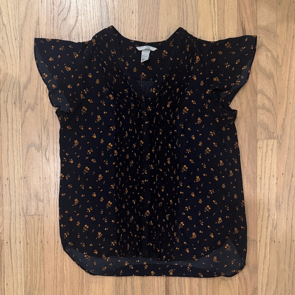 H&M Black Flutter Sleeve Blouse with Mustard Floral Print